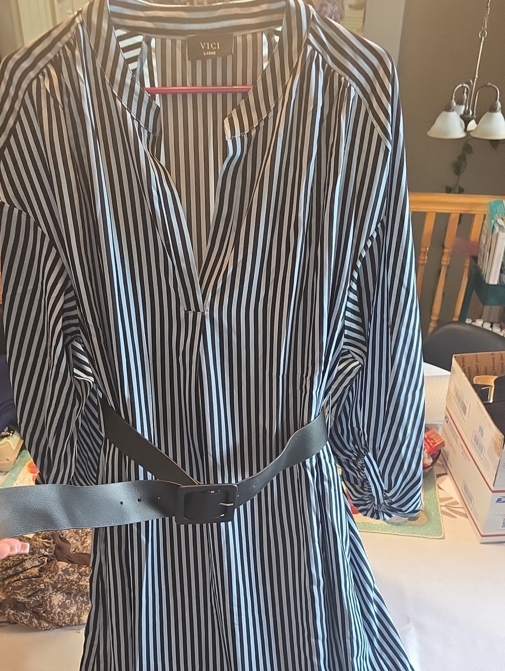 VICI Navy And Light Blue Striped Belted Shirt Dress